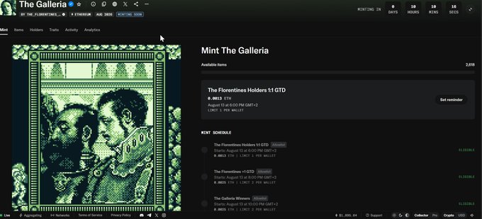 A webpage titled 'The Galleria' showing a Magic: The Gathering NFT mint for 'The Florentines Holders S1 GTD' with a green pixelated artwork featuring two classical figures.