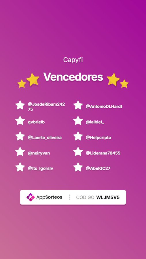 The image is a winner announcement graphic from "Capyfi" featuring 10 winners in a giveaway: @JosdeRibam24275, @AntonioDLHardt, @gvbrilelb, @laibiei_, @Laerte_oliveira, @Helpcripto, @neiryvan, @Liderana78455, @Its_lgorslv, and @AbelGC27, displayed against a purple gradient background with stars. A verification code "WLJM5V5" is shown at the bottom, indicating the winners were selected via AppSorteos, which supports the post's claim that @Capyfi_BR is actively rewarding its followers.