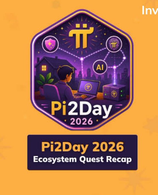 A promotional graphic for 'Pi2Day 2026 Ecosystem Quest Recap' featuring an illustrated scene of a person using a laptop with the Pi logo, alongside elements like AI, crypto coins, and a constellation.