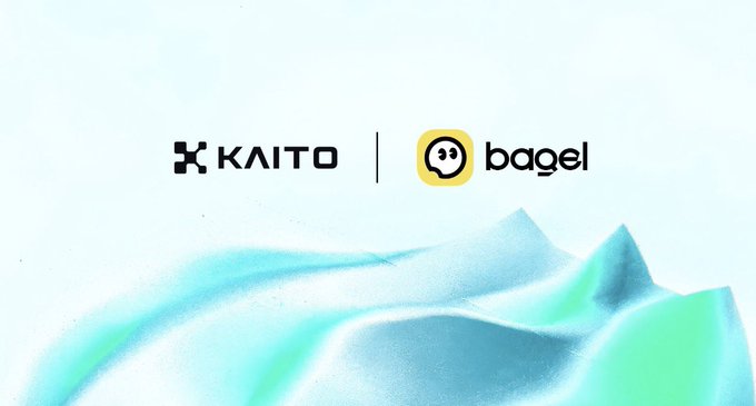 Promotional graphic featuring the logos/text “KAITO | bagel” above soft blue and green abstract waves.