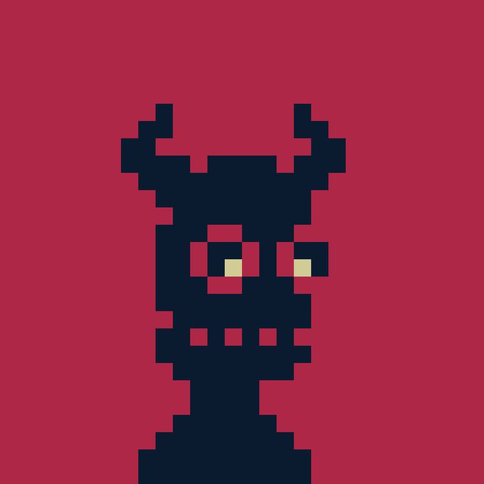 A pixel art illustration of a dark horned demon-like figure with red glowing eyes and small red teeth on a dark red background.