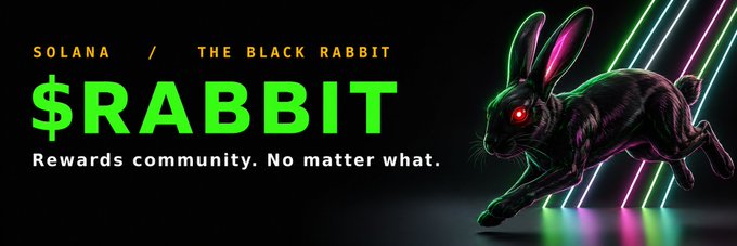 A promotional banner for the $RABBIT token on the Solana blockchain, featuring a black rabbit with glowing red eyes running past neon green laser beams, alongside the tagline "Rewards community. No matter what." The post references this image by encouraging users to hold $RABBIT tokens in exchange for a potential $ANSEM airdrop, tying the community-rewards message directly to the airdrop incentive.