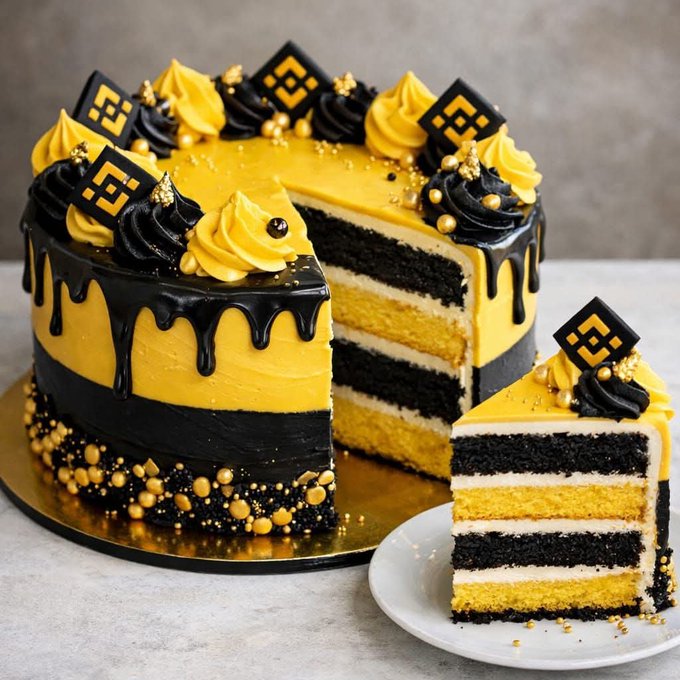 A striking black and yellow layered birthday cake with chocolate drip, piped rosettes, and decorative geometric toppers is displayed with a slice cut out to reveal alternating dark chocolate and vanilla sponge layers. The bold color scheme and festive decorations perfectly complement the celebratory birthday announcement.