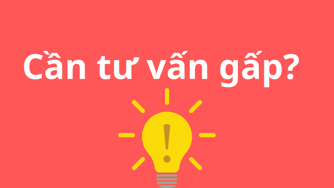 A bold red graphic with white text reading "Cần tư vấn gấp?" (Urgent: Need advice?) above a glowing yellow lightbulb, visually emphasizing the poster's dilemma of needing guidance after investing his wife's business money into ETH and facing losses he must confess.