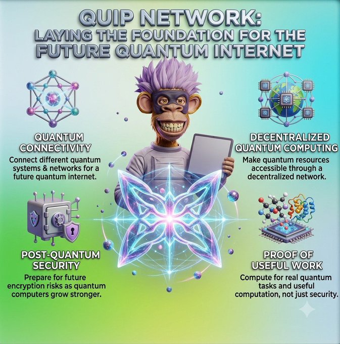 An infographic titled 'QUIP NETWORK: LAYING THE FOUNDATION FOR THE FUTURE QUANTUM INTERNET' featuring a purple-haired ape character with four features: Quantum Connectivity, Decentralized Quantum Computing, Post-Quantum Security, and Proof of Useful Work.