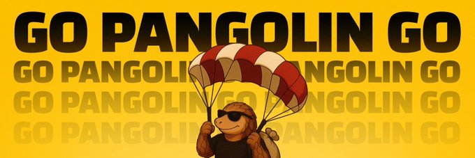 A yellow banner graphic with bold black text reading 'GO PANGOLIN GO' repeated multiple times, featuring an illustration of a pangolin parachuting down.