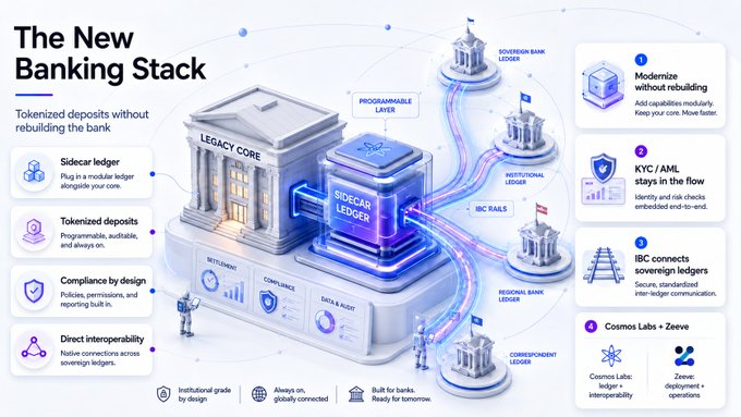The image illustrates "The New Banking Stack," showcasing how a Sidecar Ledger integrates with a Legacy Core system to enable tokenized deposits and programmable ledger functionality, connecting to Sovereign, Institutional, Regional, and Correspondent Bank Ledgers via IBC Rails. Key benefits highlighted include modernization without rebuilding, compliance by design, and interoperability powered by Cosmos Labs and Zeeve, directly supporting the post's message about modernizing bank deposits without overhauling legacy core banking infrastructure.