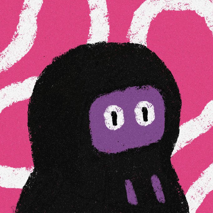 A stylized illustration of a black hooded figure with a purple face and wide white eyes, set against a vibrant pink background with white brushstroke patterns.