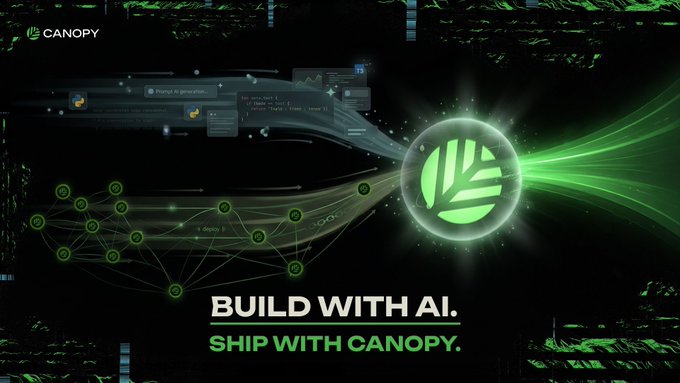 A Canopy promotional graphic featuring the text 'BUILD WITH AI. SHIP WITH CANOPY.' alongside a glowing green spherical logo emitting light rays over a dark technical background.