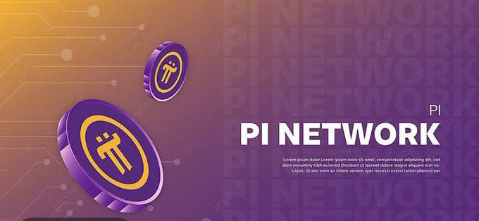A purple and orange promotional banner for 'Pi Network' featuring the pi coin logo with placeholder Lorem ipsum text describing the project.