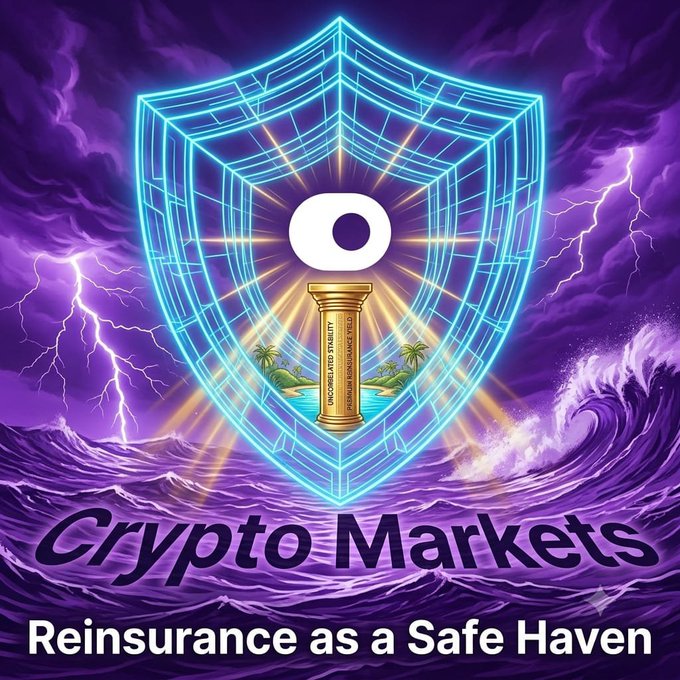 The image features a purple shield with a gold pillar inside of it, surrounded by blue neon lights. The shield has an "ON" symbol above it, which could represent the word "Crypto" or another cryptocurrency-related term. Below the shield is text that reads "Reinsurance as a Safe Haven", indicating that ONyc is using crypto to generate real returns from reinsurance premiums and is focused on providing sustainable yield for institutional investors.