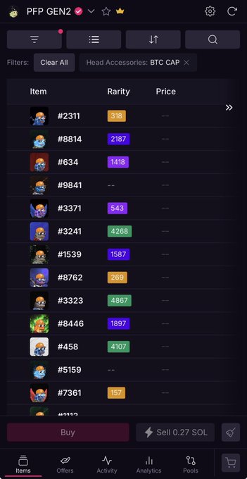 A screenshot of the PFP GEN2 NFT marketplace showing a list of pixel-art character items with their item numbers and rarity values, filtered by Head Accessories BTC CAP.
