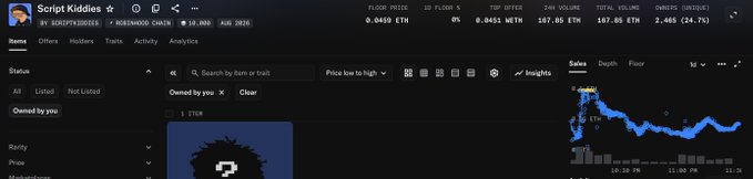 The image shows a screenshot of an NFT marketplace listing for the "Script Kiddies" collection on Rodeo Chain, with a floor price of 0.0459 ETH, a top offer of 0.0451 ETH (2,405% increase), and 167.05 ETH in 24-hour volume, reflecting the lively trading activity and "cooking" energy mentioned in the post.