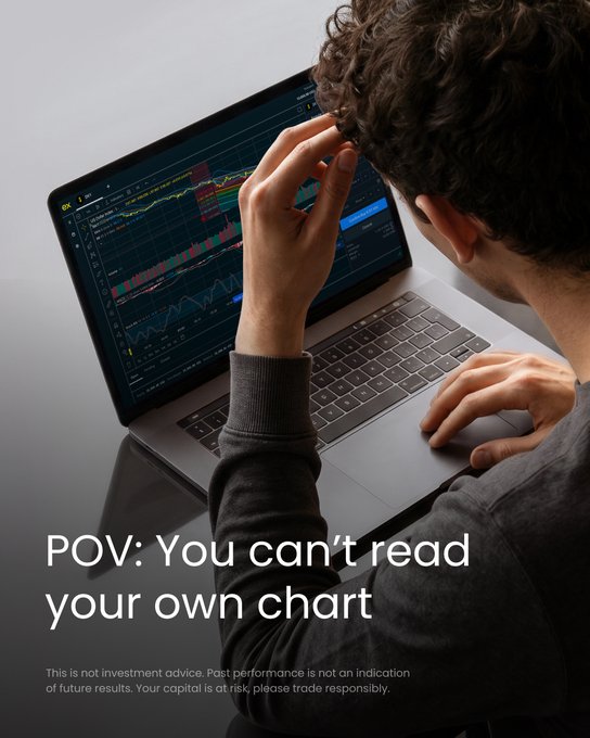 A trader sits hunched over a laptop covered in crowded candlestick charts, hand pressed to his temple in apparent frustration. The overlay reads "POV: You can't read your own chart" alongside a disclaimer that "Past performance is not an indication of future results," reinforcing the post's theme of being overwhelmed by conflicting market signals without a clear decision in sight.