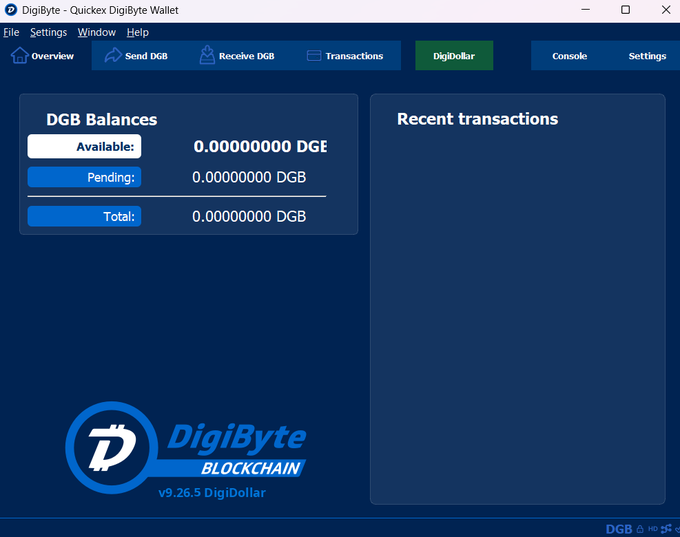 A screenshot of the 'DigiByte - Quickex DigiByte Wallet' application showing a balance of 0.00000000 DGB in all categories, version v9.26.5 DigiDollar.