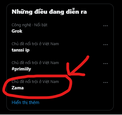 A screenshot of X (Twitter) trending topics in Vietnamese ('Những điều đang diễn ra') with the topic 'Zama' circled and pointed to by a red arrow.