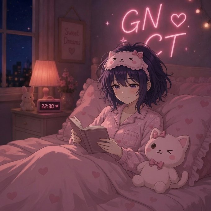 An anime-style illustration of a purple-haired girl in pink pajamas reading a book in bed with a plush cat, featuring a neon 'GN CT' sign and a 'Sweet Dreams' frame.