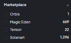 A dark menu screen titled "Marketplace" listing NFT platforms with counts: Orbis 1, Magic Eden 669, Tensor 22, and Solanart 1,298.