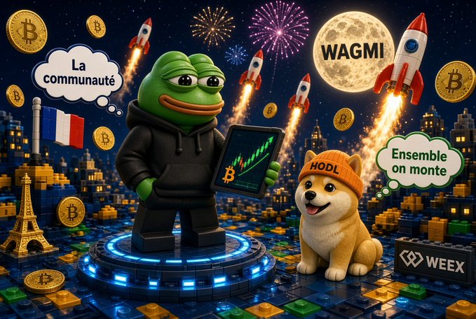 A colorful cartoon scene featuring a Pepe frog in a hoodie holding a Bitcoin chart tablet and a Shiba Inu dog wearing a 'HODL' beanie, surrounded by rockets, fireworks, a moon labeled 'WAGMI,' French flags, and text in French like 'La communauté' and 'Ensemble on monte.'