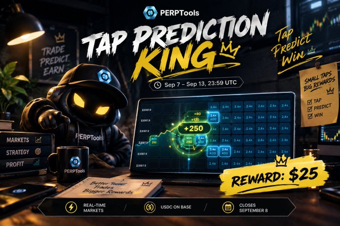 A promotional banner for 'PERPTools' featuring an event called 'TAP PREDICTION KING' running Sep 7 – Sep 13, 23:59 UTC, with a reward of $25, USDC on base, showing a hooded character and prediction market charts.