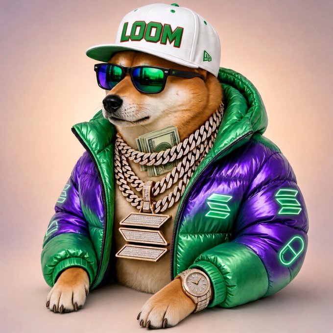 A digital illustration depicts a Shiba Inu dog wearing sunglasses, a white 'LOOM' cap, gold chains with a money pendant and diamond-encrusted medallions, and a purple and green puffer jacket.