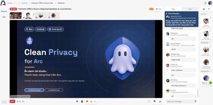 Screenshot of a webinar titled 'Vietnam Office Hours | Regional Updates and Live Demos' featuring a slide for 'Clean Privacy for Arc' with a ghost logo, alongside a chat window in Vietnamese.