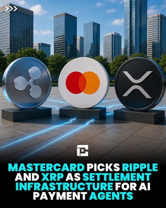 The image features three coins placed on a sidewalk next to each other, with one coin being a Ripple token and two others being an XRP token. The text above the coins reads "Mastercard picks Ripple ripple and XRP as settlement infrastructure for AI agents". This suggests that these tokens are being used by AI agents to settle transactions quickly and efficiently.