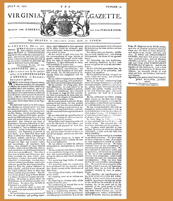 A page from the Pennsylvania Evening Post dated July 18, 1776, displaying the Declaration of Independence ("In Congress, July 4, 1776") under a header reading "THE VIRGINIAN ALWAYS FOR LIBERTY and THE PUBLIC GOOD." This historic publication in Block 78 commemorates the Founding Fathers' unilateral declaration severing ties with the British Empire.