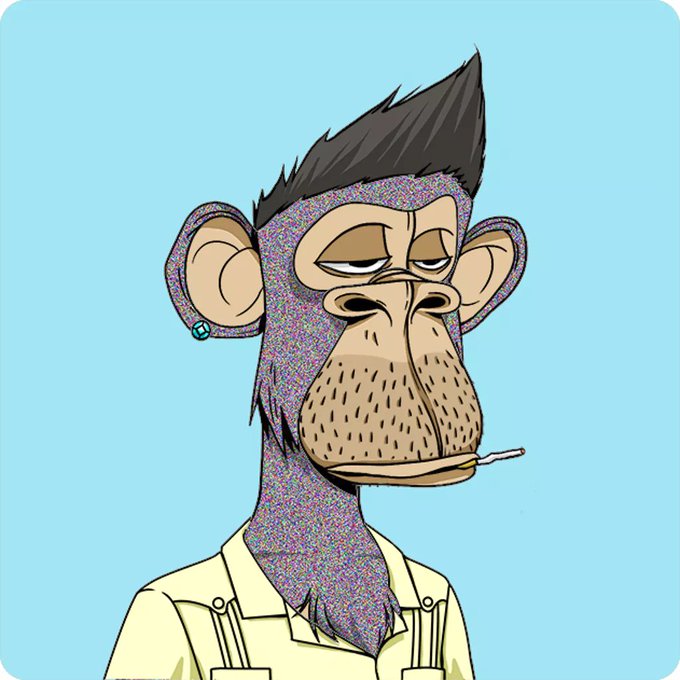 A cartoon-style illustration of a bored-looking monkey with a purple, glittery face and a mop of dark hair, wearing a light yellow shirt and smoking a cigarette, set against a blue background.