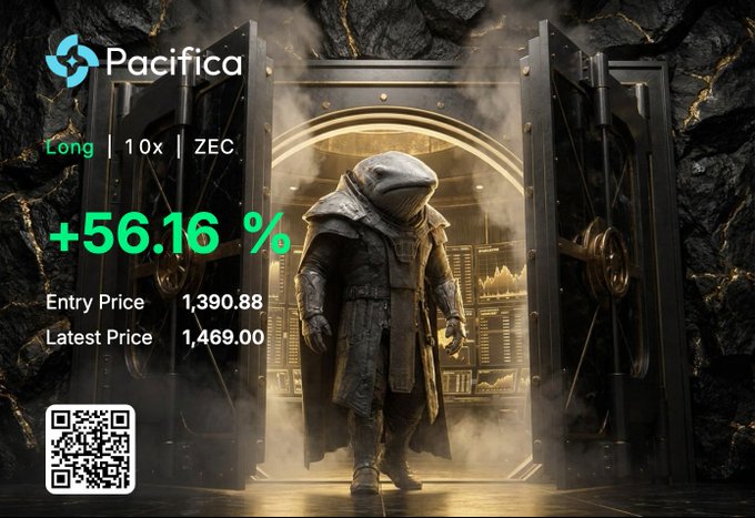 The image shows a trading performance card from Pacifica displaying a long position with 10x leverage on ZEC (Zcash), highlighting a +56.16% gain from an entry price of 1,390.88 to a latest price of 1,469.00, set against a dramatic illustration of a figure in a vault. This successful ZEC trade aligns with the caption's recollection of a notable first-time ZEC trade, emphasizing the impressive profitability of the position.