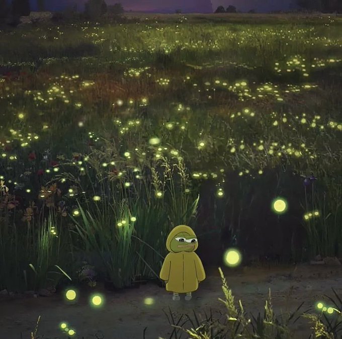 A digital illustration of a character in a yellow raincoat standing in a dark grassy field illuminated by numerous glowing yellow orbs resembling fireflies.