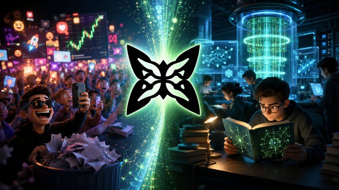 A stylized image showing a crowd of excited people celebrating on the left, contrasted with a focused individual reading a detailed book on the right, with a glowing green butterfly-like logo in the center and futuristic quantum data visualizations in the background. The caption "@quipnetwork" is visible, highlighting the contrast between superficial hype and deep, quiet research into quantum infrastructure details.