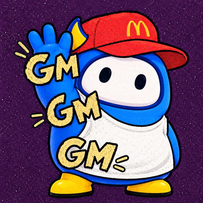 A colorful cartoon illustration features a blue character wearing a white shirt, yellow shoes, and a red McDonald's cap, surrounded by floating gold text repeating 'GM'.