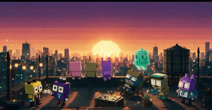 A pixel art illustration depicts blocky robot characters relaxing on a rooftop at sunset, with a city skyline in the background, one character being a glowing cyan ghost holding a drink.
