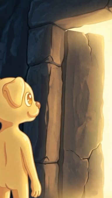 A digital illustration of a small yellow cartoon dog standing and smiling near a stone doorway with warm light shining through.