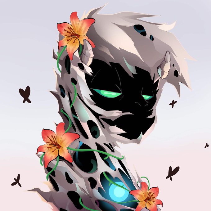 The image features a character with a face, dressed in white and black clothing that has been transformed into a unique sculpture-like form. The character's head is adorned with flowers made of red and orange petals, giving them an artistic appearance. The background of the image is a light blue color, which contrasts nicely with the character's dark attire. In the bottom right corner of the image, there are two black text boxes that read "A big update to our mint mechanics will drop soon! You will love it!".
