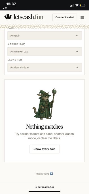 A mobile screenshot of the letscash.fun website showing filter dropdowns for "Any pair", "Any market cap", and "Any launch date", with a message "Nothing matches" beneath an illustration of a cat wizard.