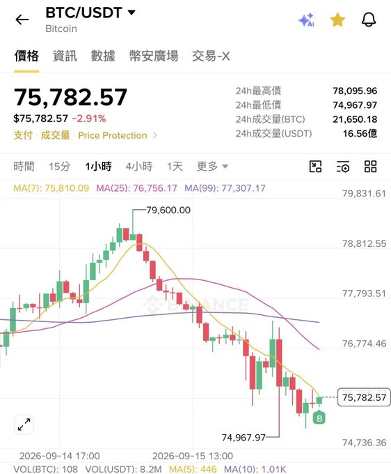 Screenshot of a Binance BTC/USDT trading chart showing Bitcoin at $75,782.57 with a 2.91% decline, displaying 24h high of $78,095.96 and low of $74,967.97.
