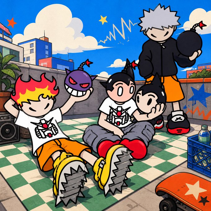 A vibrant cartoon illustration shows four stylized youth characters lounging on a rooftop with a checkered mat, boombox, skateboard, and a cartoon bomb, matching the "TOKYO YOUTH BATTLE 4444" NFT project's playful, rebellious aesthetic. The scene captures the casual, urban, graffiti-inspired vibe tied to the mechanic and Frogheads Cult community referenced in the post.