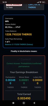 A mobile app screenshot from therocrypto.io showing a Solana wallet user 'MK' with a balance of 8E19 THEROS and an earned total of 0.003490.