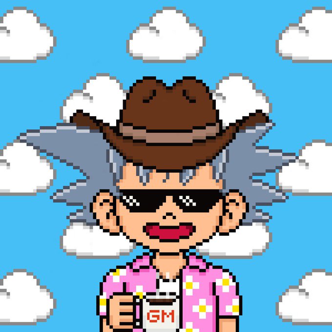 Pixel art NFT-style character of a boy wearing sunglasses and a cowboy hat, holding a mug that says 'GM' against a cloudy blue sky.
