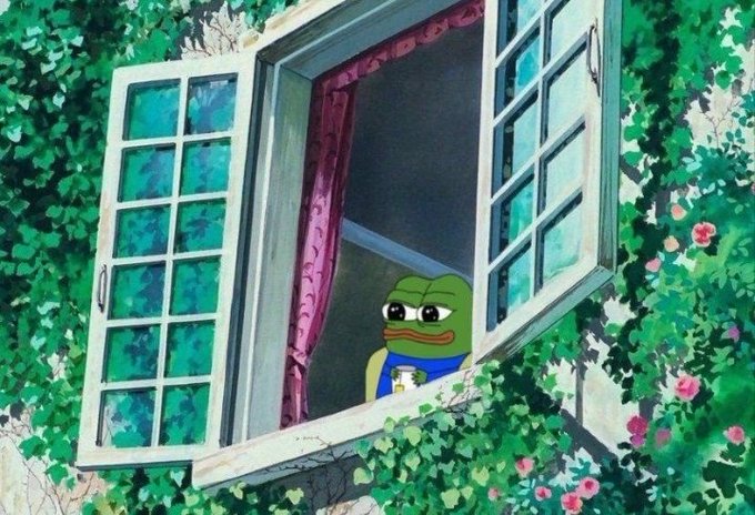 An artistic illustration of the Pepe the Frog meme character peeking out from an open window framed by lush green vines and pink flowers, with pink curtains visible inside.