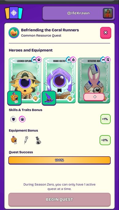 A mobile game interface for a quest titled 'Befriending the Coral Runners' with user '@ifeKrawn', showing heroes 'Leashed Explorer' and 'Magic Cultist', with 100% quest success and a 'BEGIN QUEST' button.