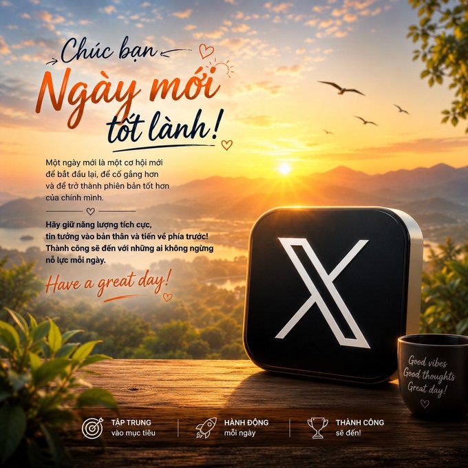 Vietnamese motivational graphic featuring the X (Twitter) logo on a black device, with text 'Chúc bạn một ngày mới tốt lành!' and 'Have a great day!' against a sunset landscape.