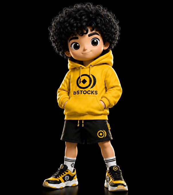 A stylized 3D cartoon character with curly black hair wears a yellow "bSTOCKS" branded hoodie and matching black and yellow sneakers, visually representing the "Gen Z" demographic being referenced in the Binance bull post about bStocks Finance.