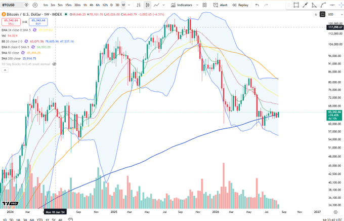 Bitcoin/USD weekly candlestick chart on BTCUSD showing price around 65,645 with multiple moving averages and Bollinger Bands.