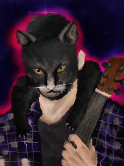 A digital illustration of an anthropomorphic black cat with yellow eyes holding a guitar, wearing a plaid shirt, set against a vibrant purple and pink cosmic background.