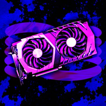A graphics card with dual cooling fans is illuminated in vibrant purple and blue lighting against a matching neon background. The image visually represents the seized GPUs, tying into the article about Mexican authorities uncovering a clandestine crypto mining operation equipped with around 300 such devices.