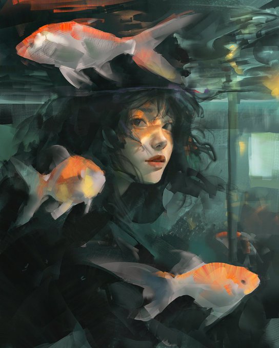 A digital painting by PluviumG depicting a dark-haired woman with striking amber eyes submerged in water, surrounded by orange and white koi fish swimming around her face and through her hair in a surreal, dreamlike composition.