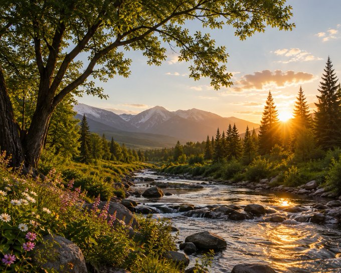 A serene mountain landscape at sunrise, with a gently flowing stream winding through rocky terrain beneath a golden sky, framed by lush green trees and wildflowers. The calm, steady river mirrors the post's message about building a consistent on-chain identity with @moovexyz—emphasizing that progress, like the river's flow, comes from steady, repeated actions rather than chasing quick wins.